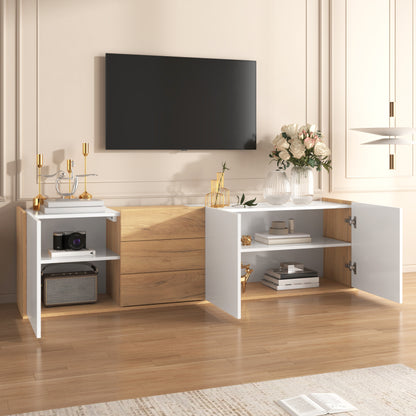 TV-Schrank, niedriges Paneel in Weiß und Holzfarben, TV-Möbel, die an die Wand gehängt oder auf den Boden gestellt werden können