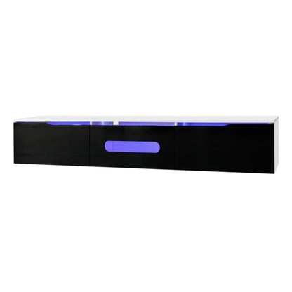 Schwarz-weißer TV-Schrank, 180 cm lang, Hochglanzoberfläche, mit 16-farbiger LED-Beleuchtung, wandmontierbar