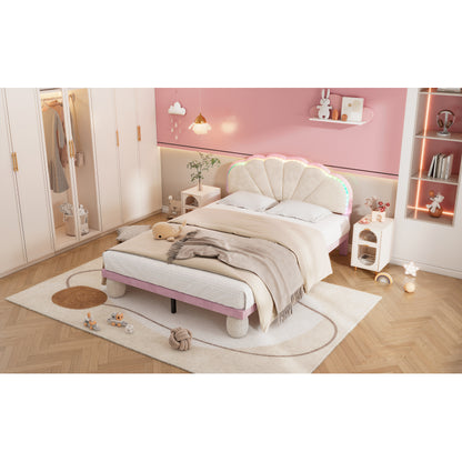 Polsterbett mit mehrfarbigen, wechselnden Lichtstreifen, Kopfteil mit Wellenschliff, mit gepolsterter runden Beine, Kinderbett, Jugendbett mit Holzlatten, Doppelbett, Samt, Beige+Rosa, 140x200cm