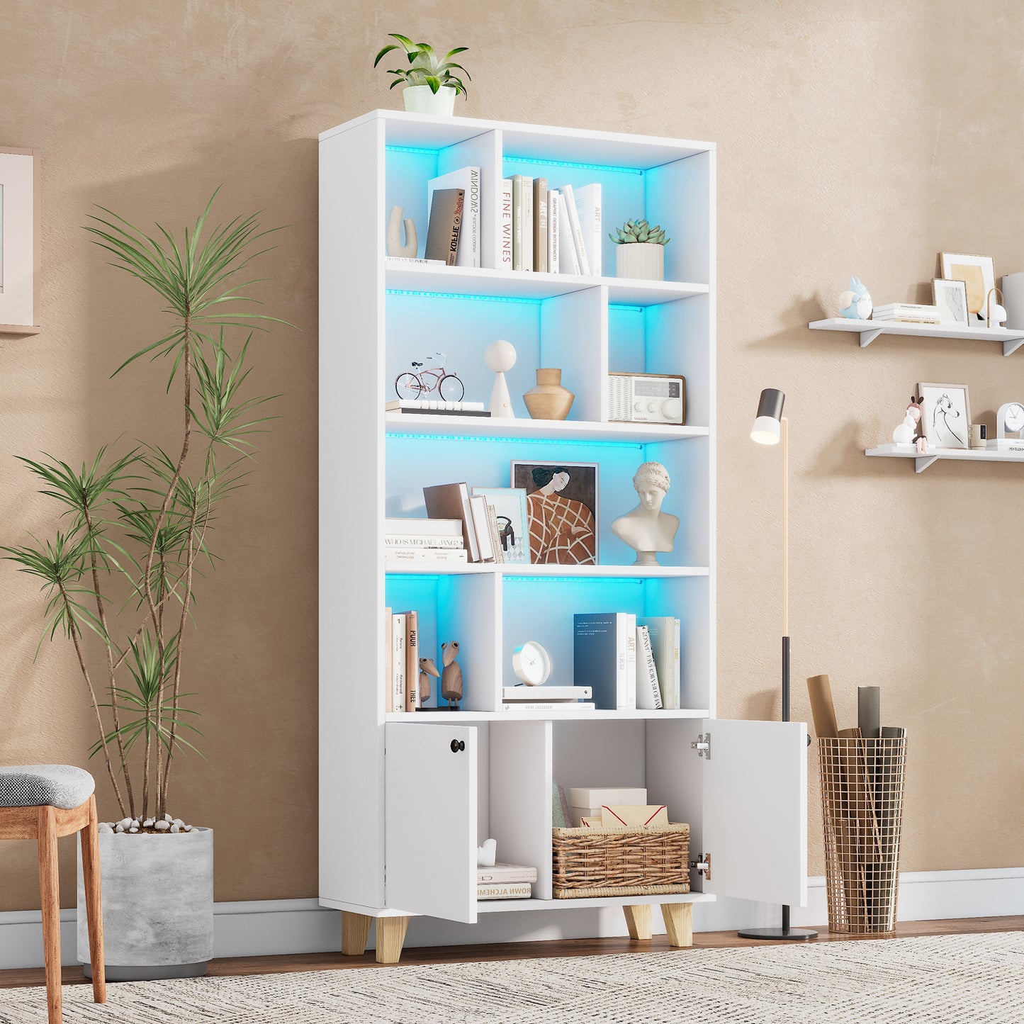 Bücherregal, LED-Farbwechsel-Ambientelicht, Fernbedienung, einfache Form,weiß