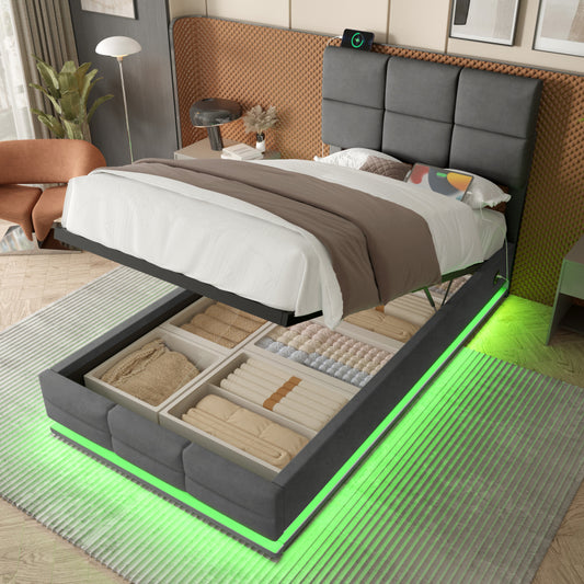 90x200 cm Modernes Velours-Polsterbett mit höhenverstellbarem Kopfteil - Inkl. USB/Type-C-Anschlüssen, LED-Ambientebeleuchtung, hydraulischem Lift-System & XXL-Stauraum (ohne Matratze) - Gray