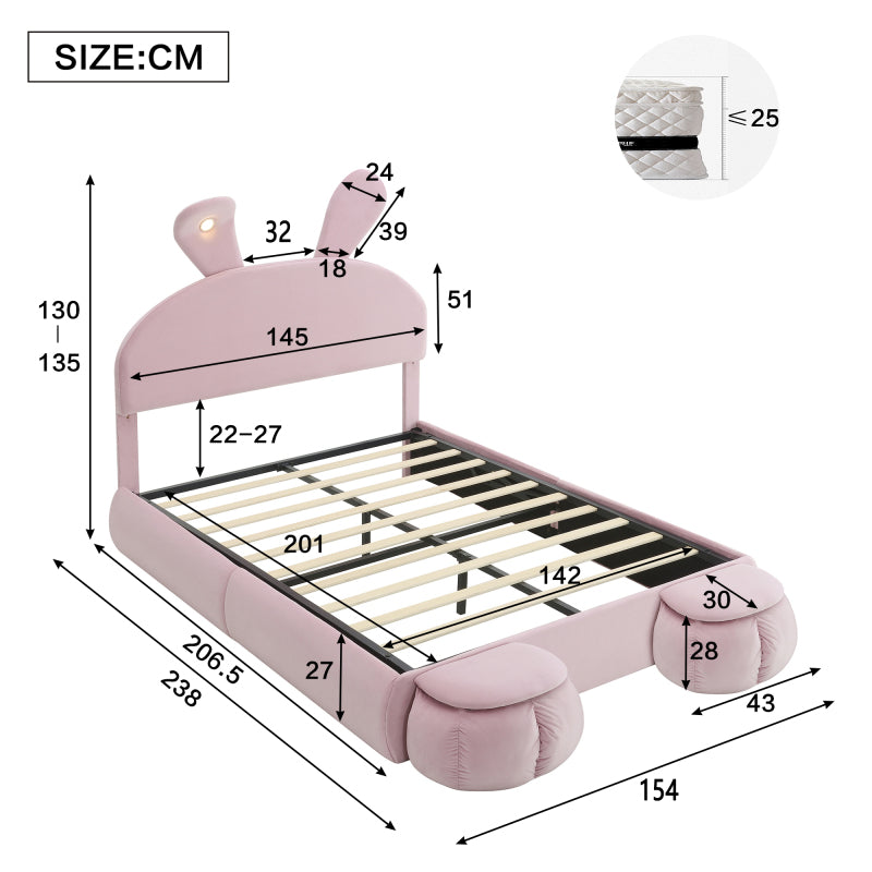 Polsterbett, Doppelbett, hydraulisches Bett, Hasenohren mit einstellbarer Helligkeit warmfarbenen Lichtstreifen, Stauraum unter dem Bett, zwei Aufbewahrungshockern, Samt, Rosa, 140x200cm
