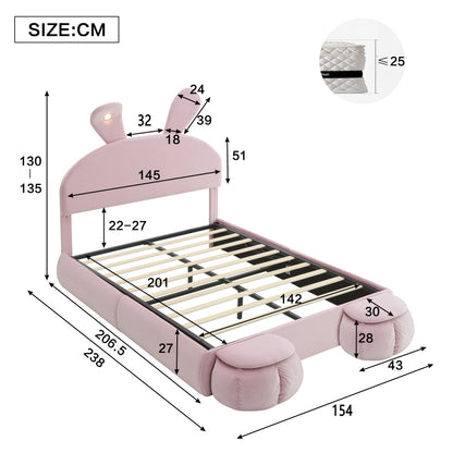 Polsterbett, Doppelbett, hydraulisches Bett, Hasenohren mit einstellbarer Helligkeit warmfarbenen Lichtstreifen, Stauraum unter dem Bett, zwei Aufbewahrungshockern, Samt, Rosa, 140x200cm