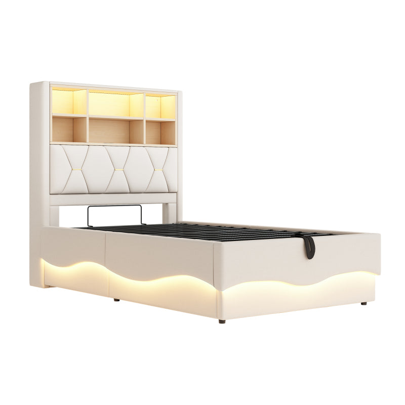 Kinderbett  90×200 cm mit hydraulischem Stauraum APP-gesteuertes LED-Lichtband USB-Ladeanschluss Metall-Lattenrost Leinenpolsterung Beige