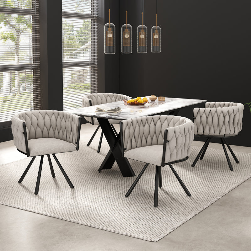 Leinen-Esszimmerstuhl, 2er set, Freizeit-Drehstuhl mit vier Stützbeinen aus Metall,Leinen beige und schwarz