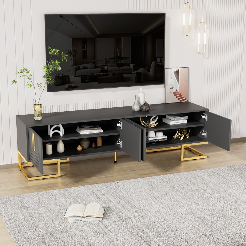 TV-Schrank,lowboard mit strukturierter Tür, TV-Möbel, goldenen Griffen und goldenen Füßen.