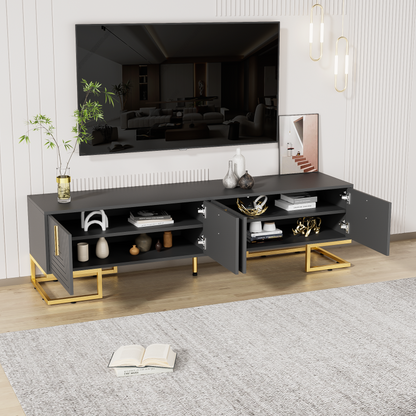 TV-Schrank,lowboard mit strukturierter Tür, TV-Möbel, goldenen Griffen und goldenen Füßen.