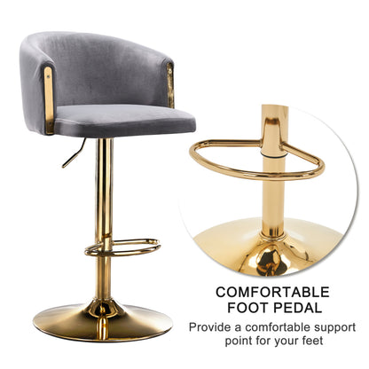 Modern rotatable height adjustable bar stools, modern bar stools for kitchen, bar, and restaurant counters, lift stools with middle backrest and gold footrest (Grau Set of 2)