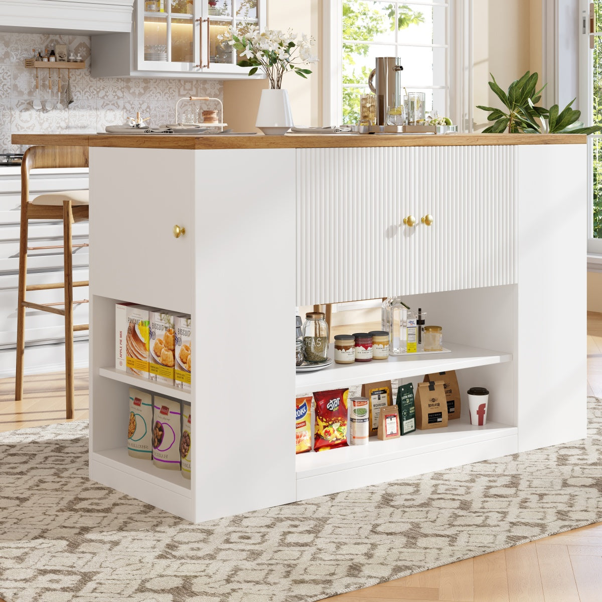 Moderne Kücheninsel Weiß, Küchenschrank mit klappbarer Arbeitsplatte, Sideboard mit Schubladen & Regalen, Esstisch & Servierwagen, 140x70cm