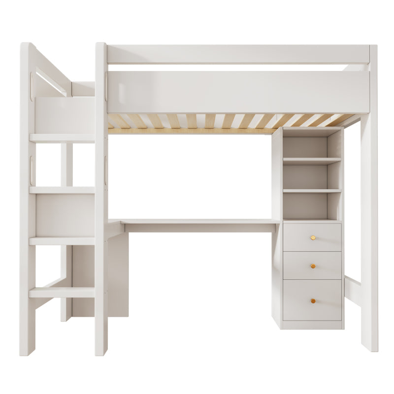 Kinderbett Hochbett mit L-förmigem Schreibtisch, Regalen und Schubladen mit USB/Type-C Ladebereich, Jugend-Einzelbett mit Leiter und Holzlattenrost, 90×200cm, Weiß, ohne Matratze.
