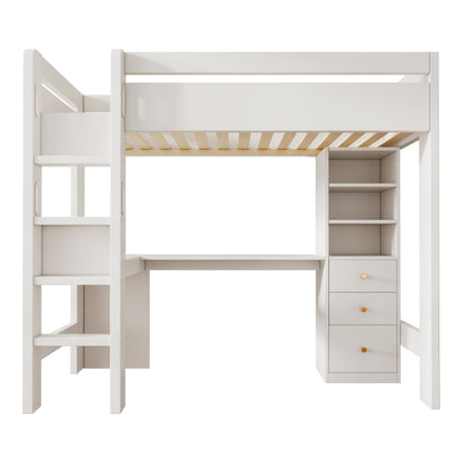Kinderbett Hochbett mit L-förmigem Schreibtisch, Regalen und Schubladen mit USB/Type-C Ladebereich, Jugend-Einzelbett mit Leiter und Holzlattenrost, 90×200cm, Weiß, ohne Matratze.