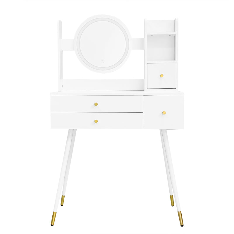 Schminktisch(Ohne Stühle), mit Spiegel einstellbare Helligkeit, mit 3 Schubladen, luxuriöses vergoldetes Zubehör, High-End Schminktisch mit mehreren Stauräumen, Weiß