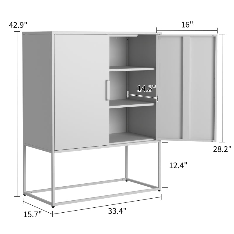 Metall-Sideboard,Lagerschrank– 2 Regale, Freistehender Stahlschrank, Magnettüren, Anti-Kipp-Sicherung, Wohnzimmer, Küche, Büro, Weiß, H 109 cm × B 85 cm × T 40 cm