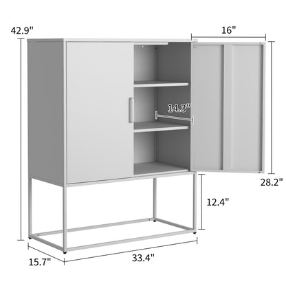 Metall-Sideboard,Lagerschrank– 2 Regale, Freistehender Stahlschrank, Magnettüren, Anti-Kipp-Sicherung, Wohnzimmer, Küche, Büro, Weiß, H 109 cm × B 85 cm × T 40 cm