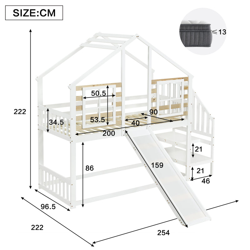 Etagenbett, Holzbett mit Treppe und Gitter, mit Rutsche und Fenster, Blockhaus Kinderbett mit Absturzsicherung, Bettrahmen aus Massivholz, Weiß(90x200 cm)