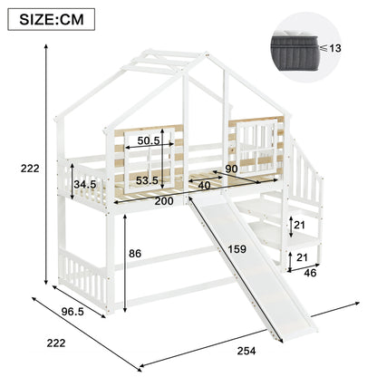 Etagenbett, Holzbett mit Treppe und Gitter, mit Rutsche und Fenster, Blockhaus Kinderbett mit Absturzsicherung, Bettrahmen aus Massivholz, Weiß(90x200 cm)