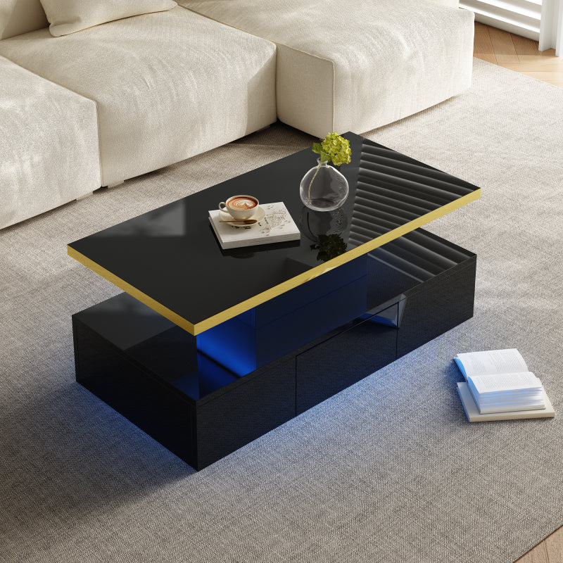 Couchtisch, Tisch mit Schubladen, Hochglanzlackierung, Beistelltisch mit zwei Ablageebenen. Mit LED-Licht