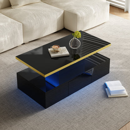 Couchtisch, Tisch mit Schubladen, Hochglanzlackierung, Beistelltisch mit zwei Ablageebenen. Mit LED-Licht