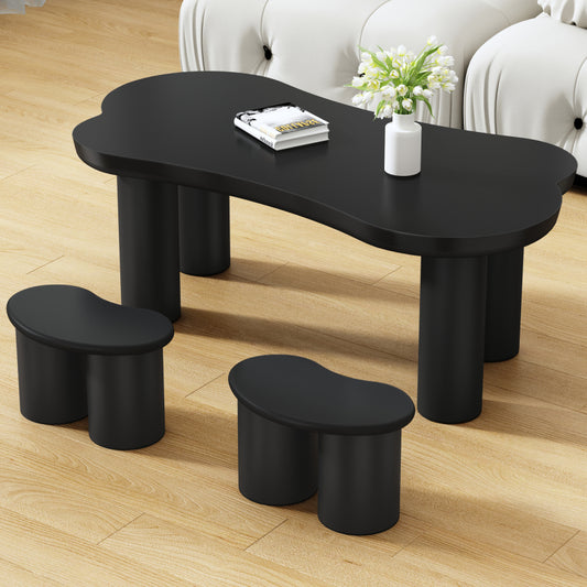 Unregelmäßiger Couchtisch in Knochenform mit 2 kleinen Bänken, großer Couchtisch L 113 cm, B 58 cm, H 40,5 cm, Tischplatte aus MDF und Beine aus PVC mit Filzboden, unregelmäßiger Couchtisch