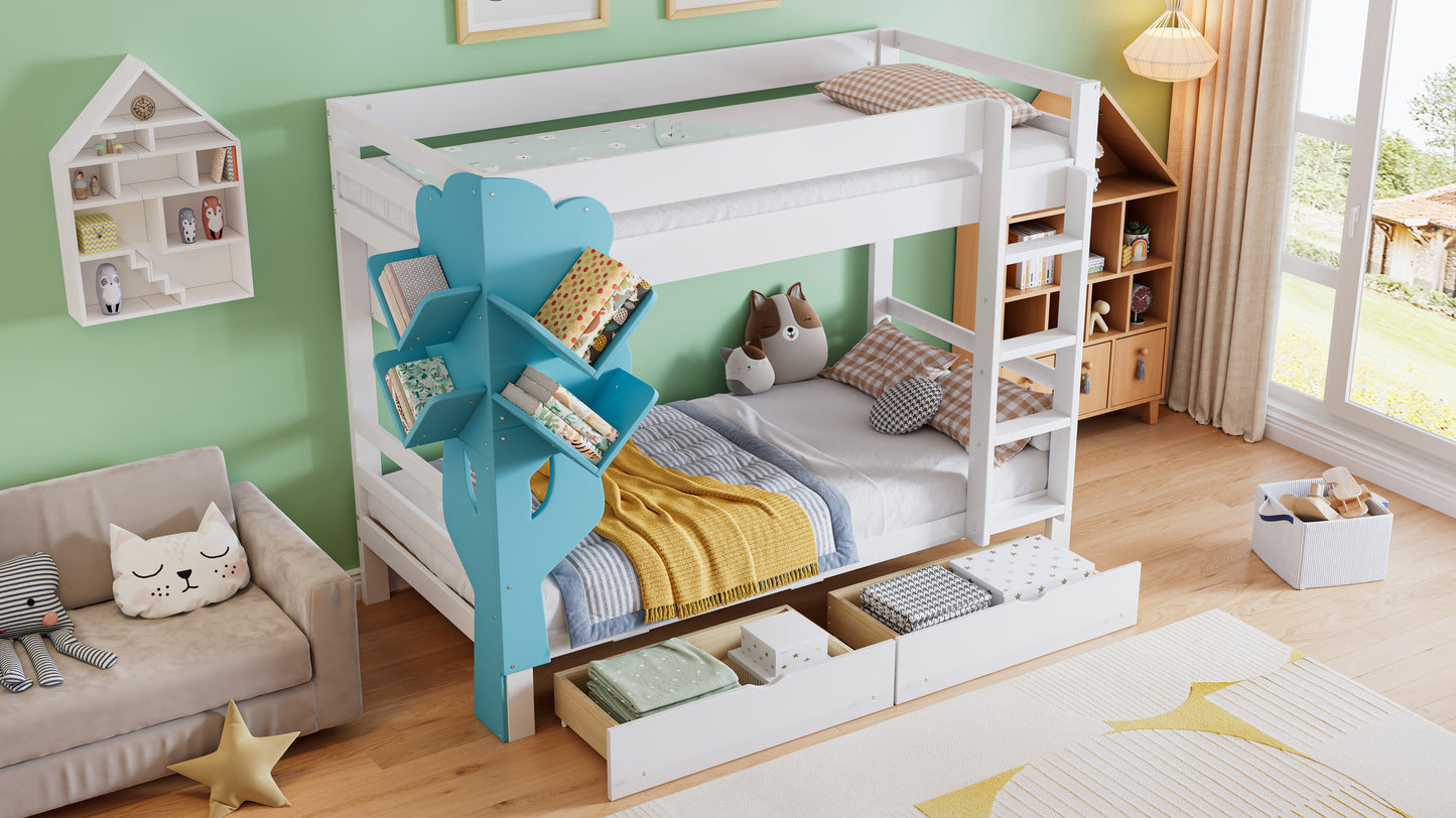 Etagenbett, Kreatives Kinderbett, Bücherregal in Baumform, Offenes Regal, Zwei Schubladen mit Rollen, Mit Fallschutzgitter, Reichlich Stauraum, Kiefer+MDF, Weiß+Blau, 90x200cm