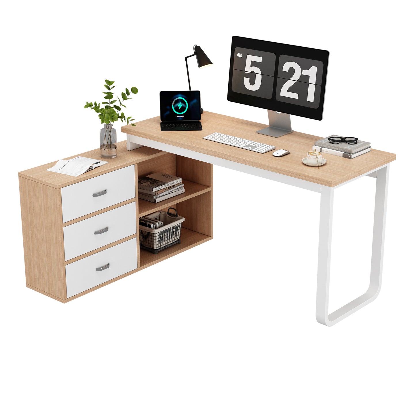 Schlichter Schreibtisch, Büro Schreibtisch, drei Schubladen, zwei offene Ablagefächer, stabile Tragfähigkeit, natur