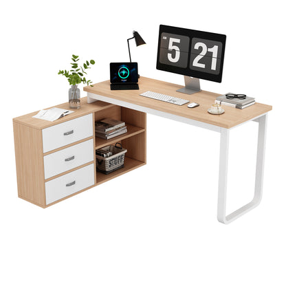 Schlichter Schreibtisch, Büro Schreibtisch, drei Schubladen, zwei offene Ablagefächer, stabile Tragfähigkeit, natur