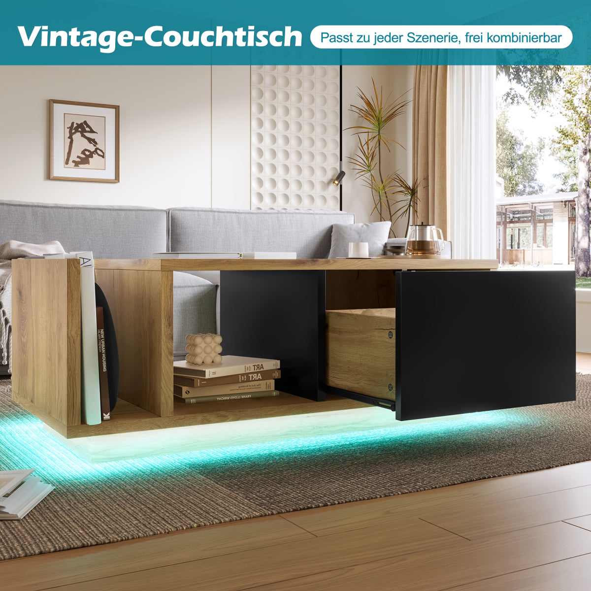 Couchtisch mit LED-Beleuchtung, Wohnzimmertisch mit Schublade und Stauraum, Holzoptik & Metall