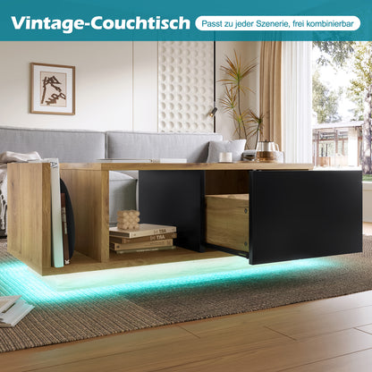 Couchtisch mit LED-Beleuchtung, Wohnzimmertisch mit Schublade und Stauraum, Holzoptik & Metall