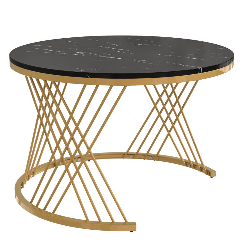 2 in 1 Runder Couchtisch aus MDF, Beistelltisch mit Tischplatte aus Marmor und Schubladen aus Kunststoff-Rattan, Griffe aus Massivholz. goldene Eisenfüße. 70*70*45,5+50*50*38,5cm