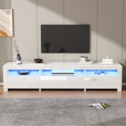 Weißer Hochglanz-TV-Schrank mit LED-Beleuchtung und Stauraum, weißes niedriges Paneel, bietet Platz für 80-Zoll-Fernseher, TV-Unterschrank mit herunterklappbarer Schranktür, 190 x 24 x 40 cm
