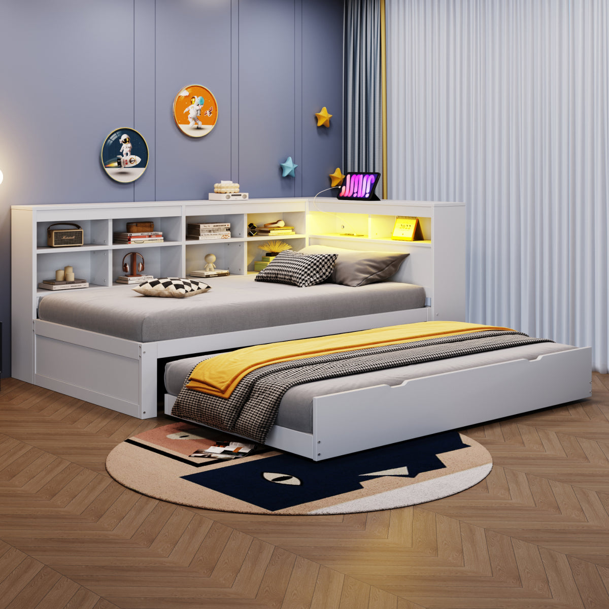Massivholz-Einzelbett 90x200 Weiß mit Ausziehbett - Multifunktionales Schlafsofa inkl. LED, USB-Steckdose, Regalen & viel Stauraum, Weiß