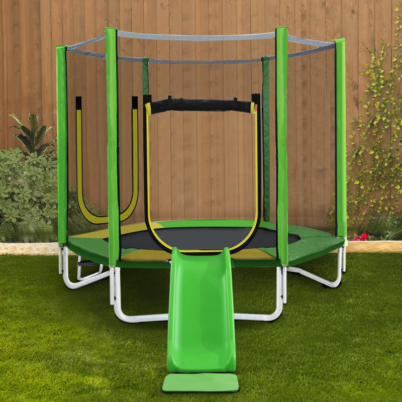Kinder Trampolin Outdoor Ø 213 cm Gartentrampolin mit Rutsche, Leiter, Netz, Doppeltür und Gepolsterten Stangen,TÜV Zertifiziert,bis 100 kg