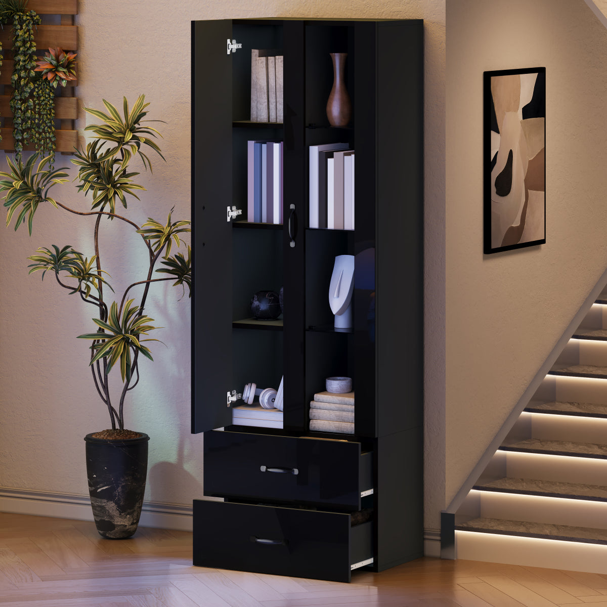 Schwarze LED-Vitrine mit 2 Glastüren - Standvitrine inkl. Beleuchtung, Freistehender Schrank für Wohnzimmer, Buffetschrank & Sammlervitrine, Schwarz