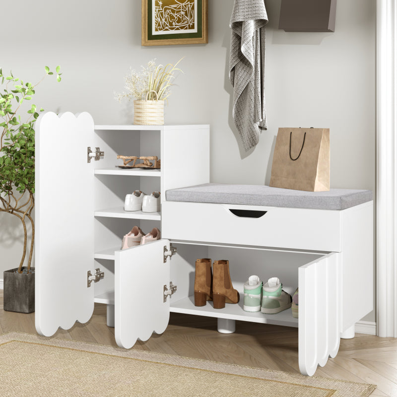 Moderner 3-Türen-Schuhschrank mit Schublade & Sitzpolster, Stilvolle Schuhbänke für Flur und Eingangsbereich, Weiß
