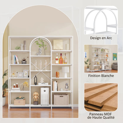 Regal 160x30x180 cm aus Stahl & MDF, modernes Bücherregal mit Bogen-Design, offene Fächer, hoher Stauraum, Weiß