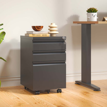 3-Schubladen-Mobil-Aktenkasten mit Schloss - Metall-Ablagekästen für Home Office Organisation – Letter, Legal und A4,Schwarz,H60 cm × B37.3 cm × T44 cm.
