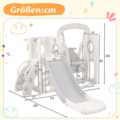 5 in 1 Kinderrutsche, bestehend aus Rutsche, Schaukel, Unterschrank, Basketballkorb und Treppe - HDPE (exkl. Ozeanball)
