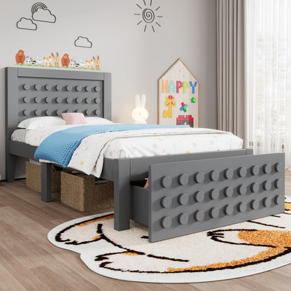 Holzbett Einzelbett 90x200 cm, Kinderbett Jugendbett mit Kreativem Block Design, Massivholz Bettgestell mit Lattenrost, mit Schubladen & Unterm Bett Stauraum, Grau, Ohne Matratze