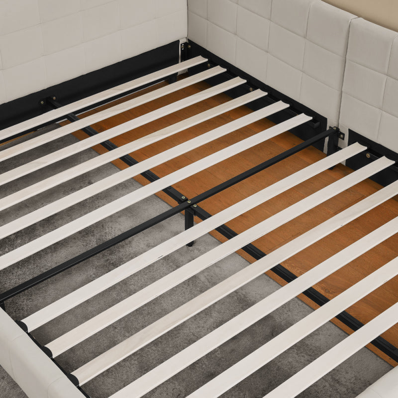 Doppelbett 160x200, weiches hautfreundliches Samt, L-förmiges Eck Bettgestell, robuste Eukalyptus- und Eisenlatten, Beige (ohne Matratze)