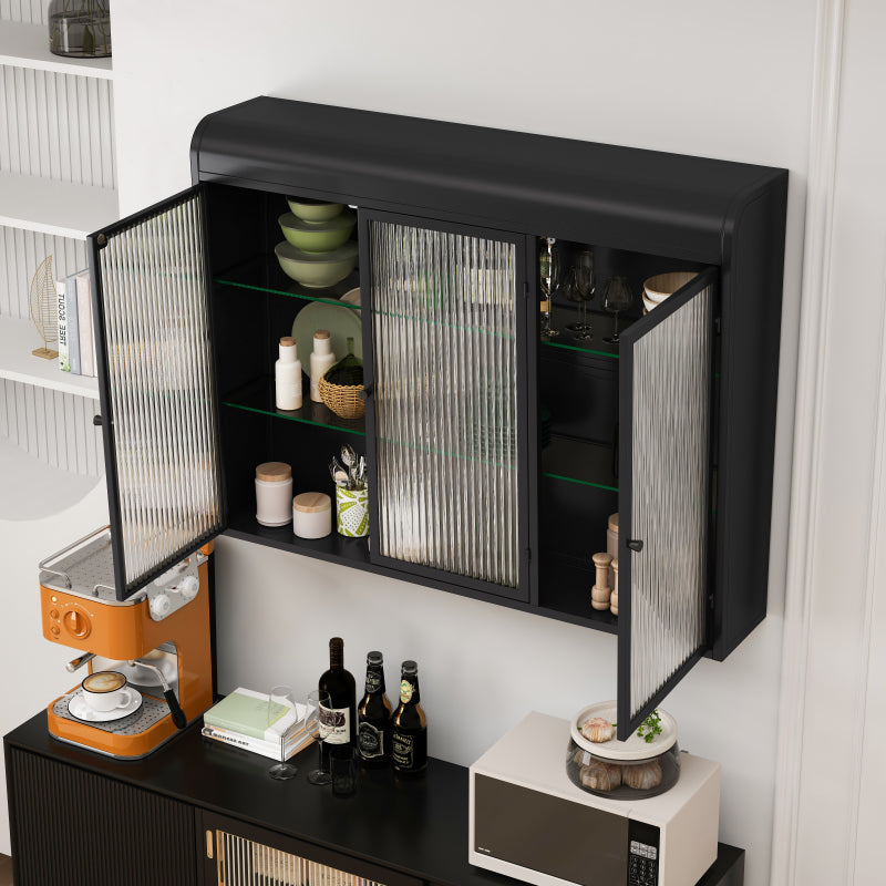 3 Door Arched Wall Mounted Glass Cabinets for Kitchen, Living Room and Bathroom(Black)