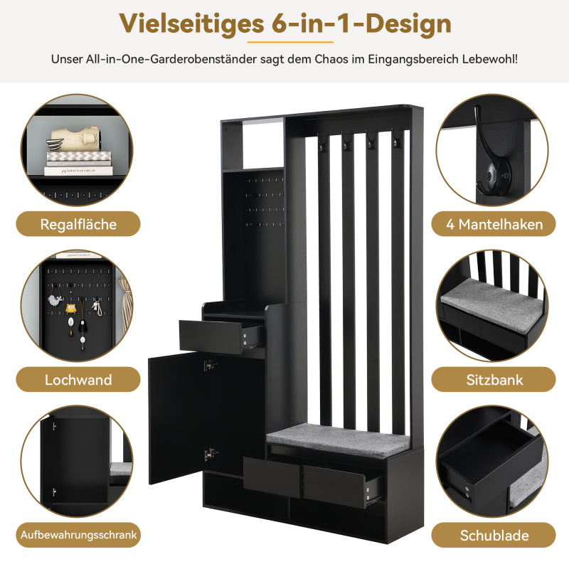 Flurgarderobe mit gepolsterter Aufbewahrungsbank, multifunktionaler Flur-Schuhschrank mit Stecktafel, moderne Garderobe mit 4 Haken für Eingangsbereich, Waschküche, Schwarz,H180/B100/T35 cm