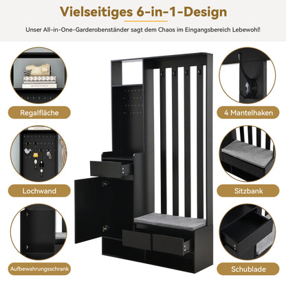 Flurgarderobe mit gepolsterter Aufbewahrungsbank, multifunktionaler Flur-Schuhschrank mit Stecktafel, moderne Garderobe mit 4 Haken für Eingangsbereich, Waschküche, Schwarz,H180/B100/T35 cm
