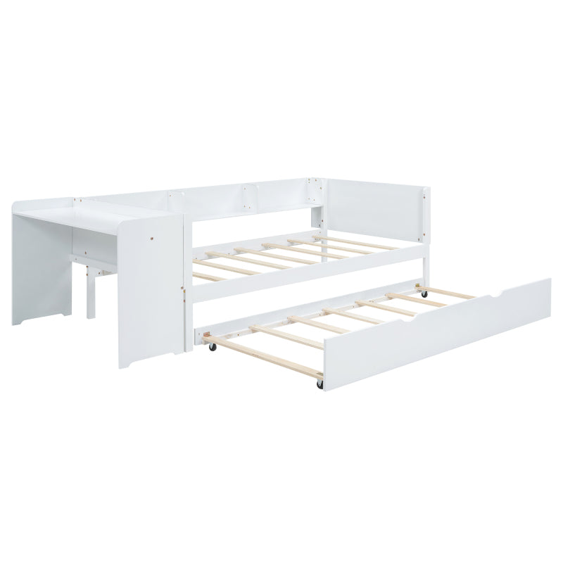 90*200cm, Flachbett, mit ausziehbarem Bett, mit Schreibtisch, drei Regale an der Seite des Bettes,  Weiß