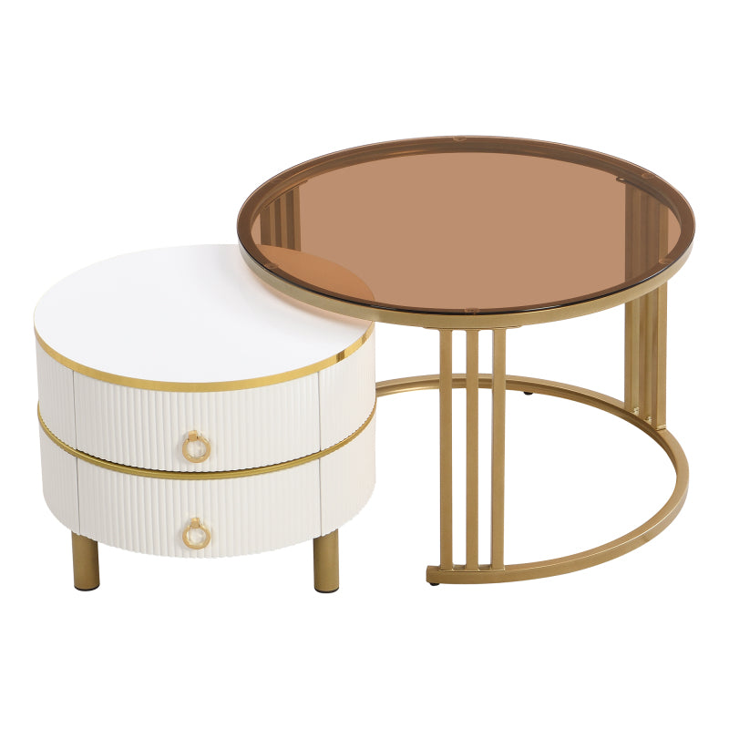 2-in-1 runder Couchtisch aus MDF, Beistelltisch mit 1 weißen Platte und 1 braunen Platte aus gehärtetem Glas, Couchtischkombination mit 2 Schubladen für das Wohnzimmer, 70*70*45 + 50*50*40 cm