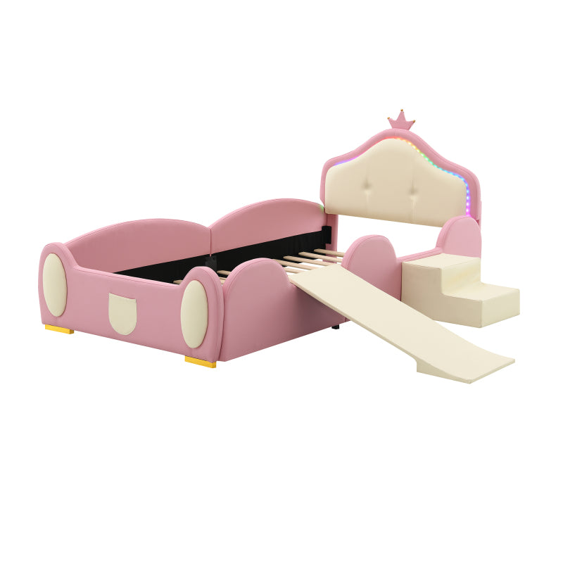 Polsterbett, Crown Cartoon Bett, Mit Multi-Mode-LED-Streifen, Kinderbett mit kleiner Rutsche und Treppe, mit schützenden weichen Kanten, mit Holzlatten, PU, Rosa + Beige, 90x200cm