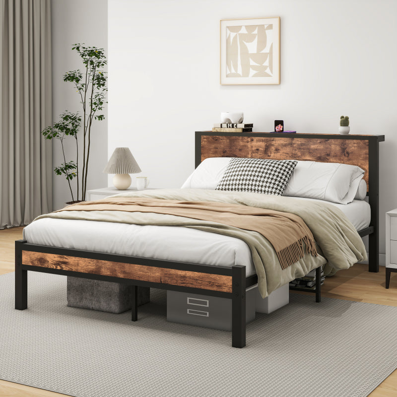 140x200 cm Metallgestell mit Stauraum-Kopfteil, Einzelnes Metall-Plattformbettgestell, Geräuschfrei, Metalluntergestell, Ohne Boxspring Notwendig, Vintage Braun