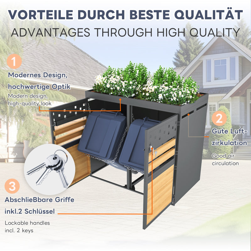 Mülltonnenbox 2er mit Pflanzdach, 120-240 Liter, Anthrazit  Tür in Holzoptik inkl. Erweiterungsmöglichkeit ,Aufbewahrungsbox für Mülltonnen, Müllbox (Das Produkt enthält keinen eingebauten Mülleimer)