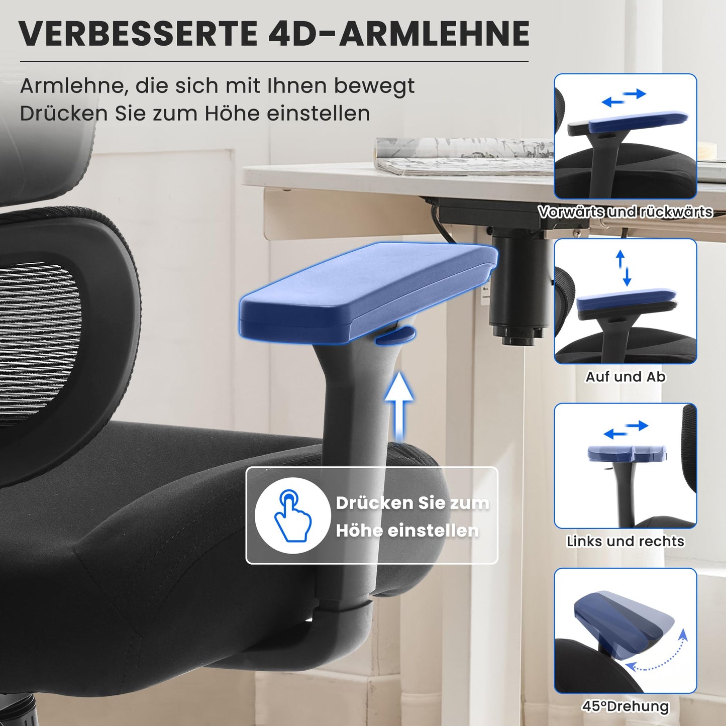 3D Ergonomischer Bürostuhl 200KG Großer und hoher Bürostuhl mit 3D Weiches Kissen 4D Armlehnen Schreibtischstuhl Mesh Bürostuhl für Haus und Büro Atmungsaktiver Netz-Chefsessel