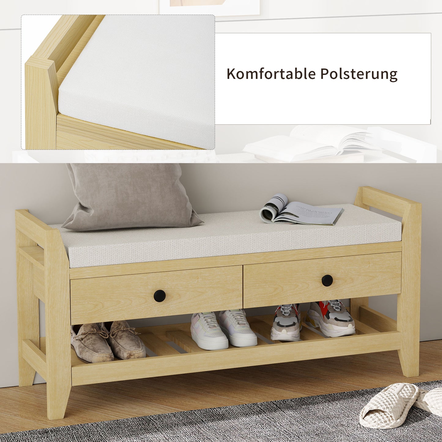 Moderne Schuhbank mit Sitzfläche und Stauraum, Soft Kissen-Oberfläche, Schuhregal für Eingangsbereich, Natur