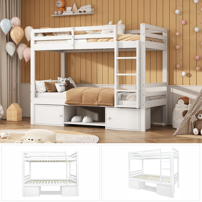 Etagenbett für Kinder, Kinderbett mit Schuhregale und Schließfächer, Bett aufgeteilt in 2 Einzelbetten, Jugendbett, Einzelbett, Weiß, 90x200cm.